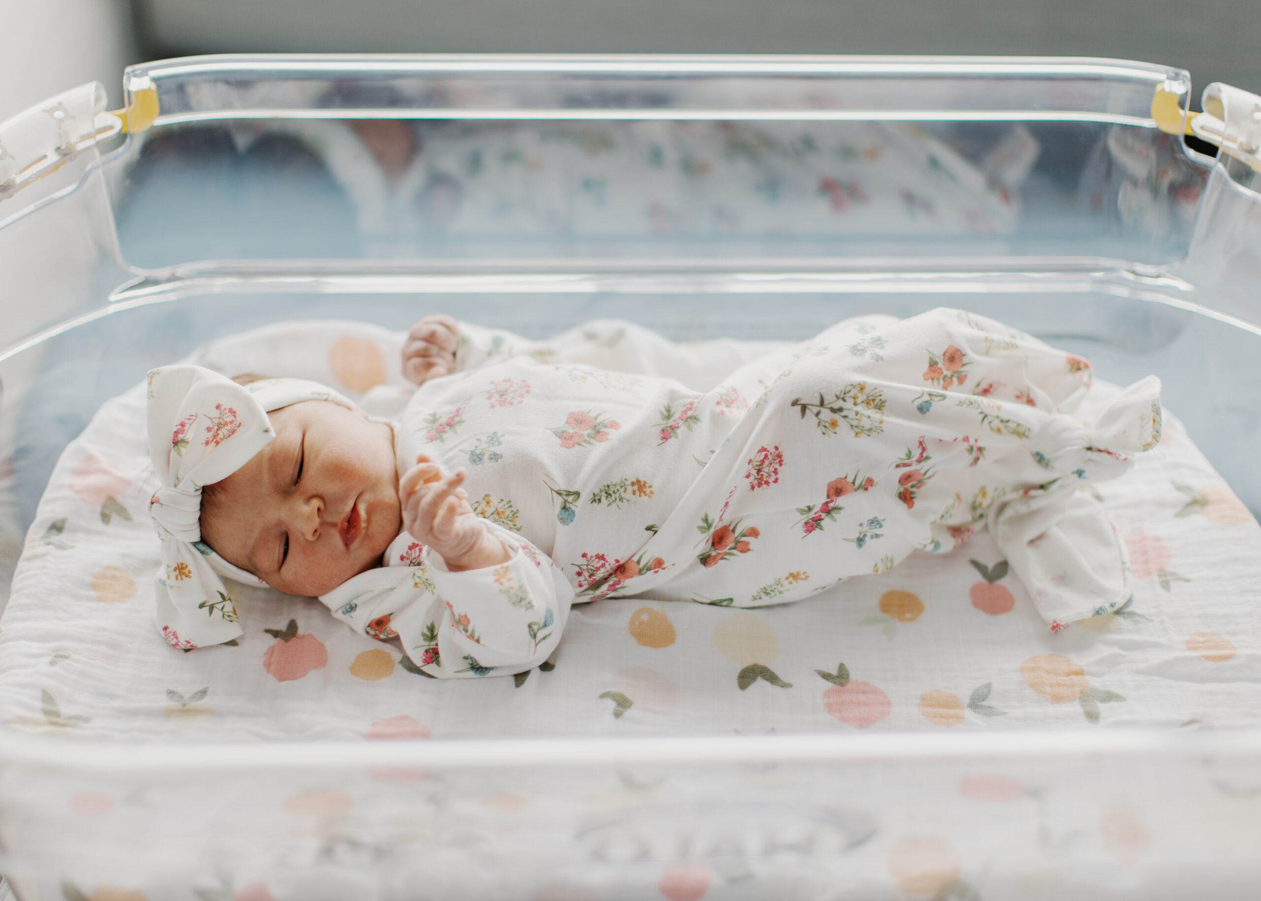 Newborn baby girl lays in bassinet at Essentia Health Hospital in Duluth, Minnesota during Fresh 48 photo session